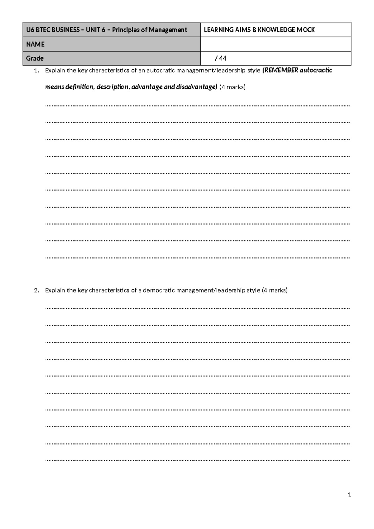 U6 BTEC BUSINESS UNIT 6 Principles of Management Learning Aim B Mock ...