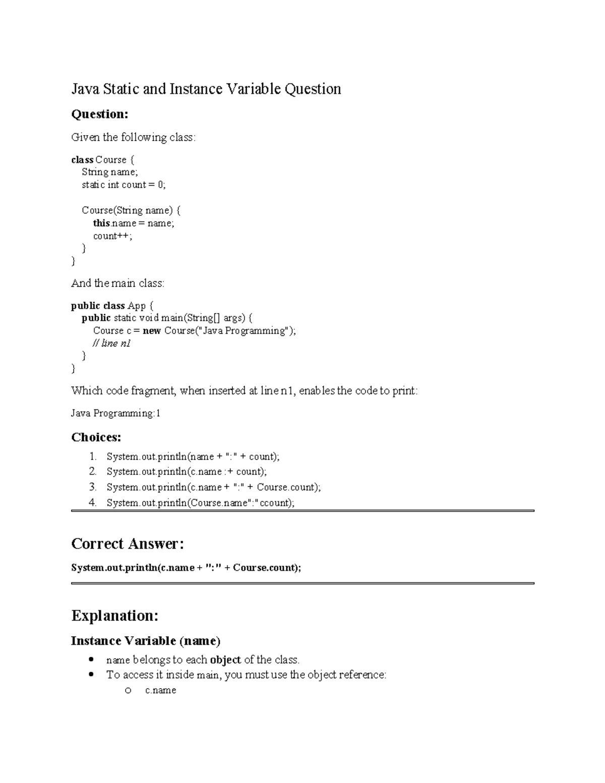 Java MCQ Explanation: Static vs Instance Variables - Studocu