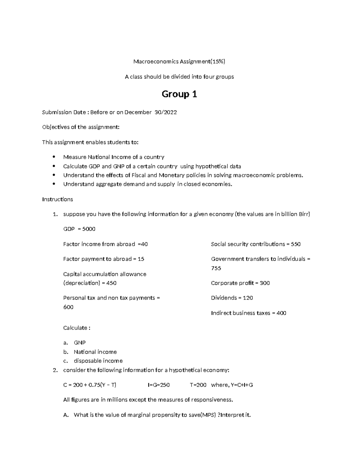 Macroeconomics Group Assignment Questions (15%): Analysis ...