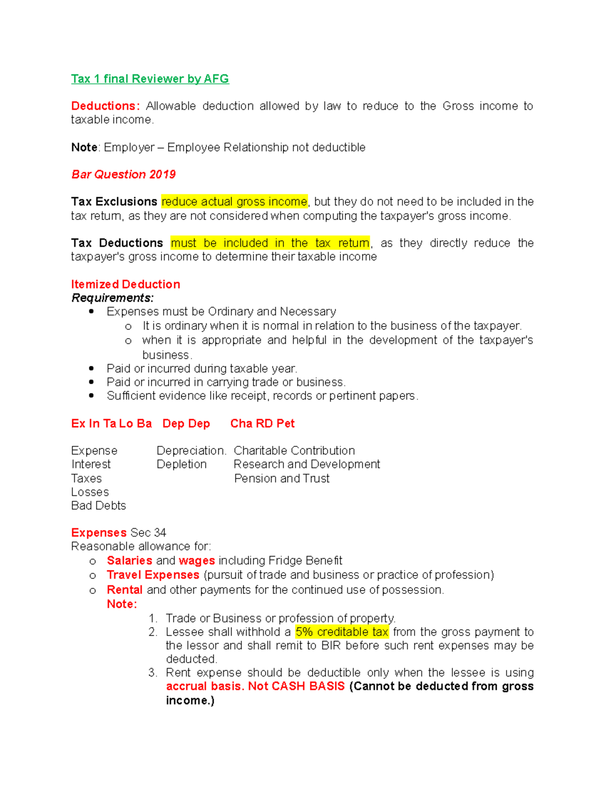 Tax 1 Final Exam Reviewer: AFG on Deductions and Exclusions - Studocu