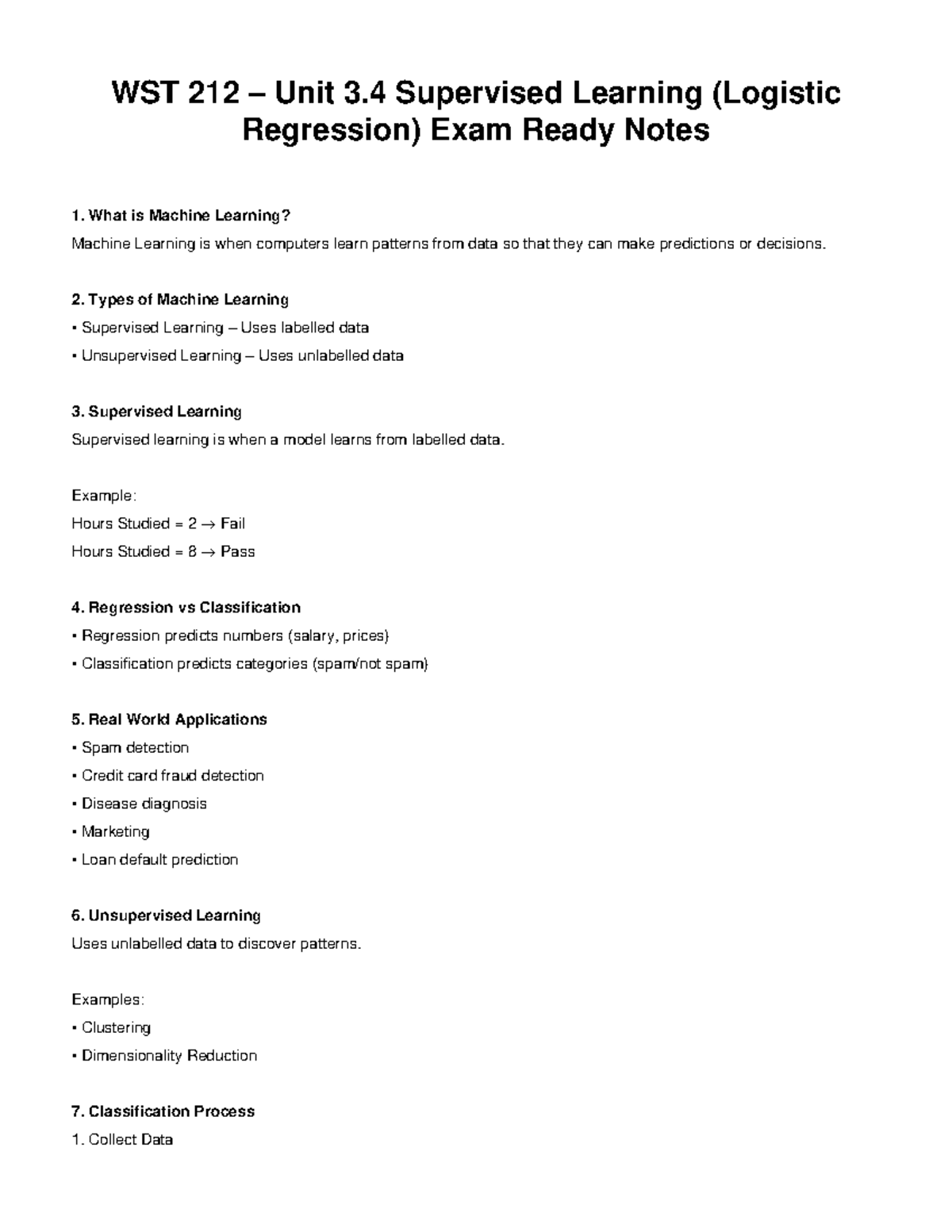 WST 212 Supervised Learning (Logistic Regression) Exam Notes - Studocu