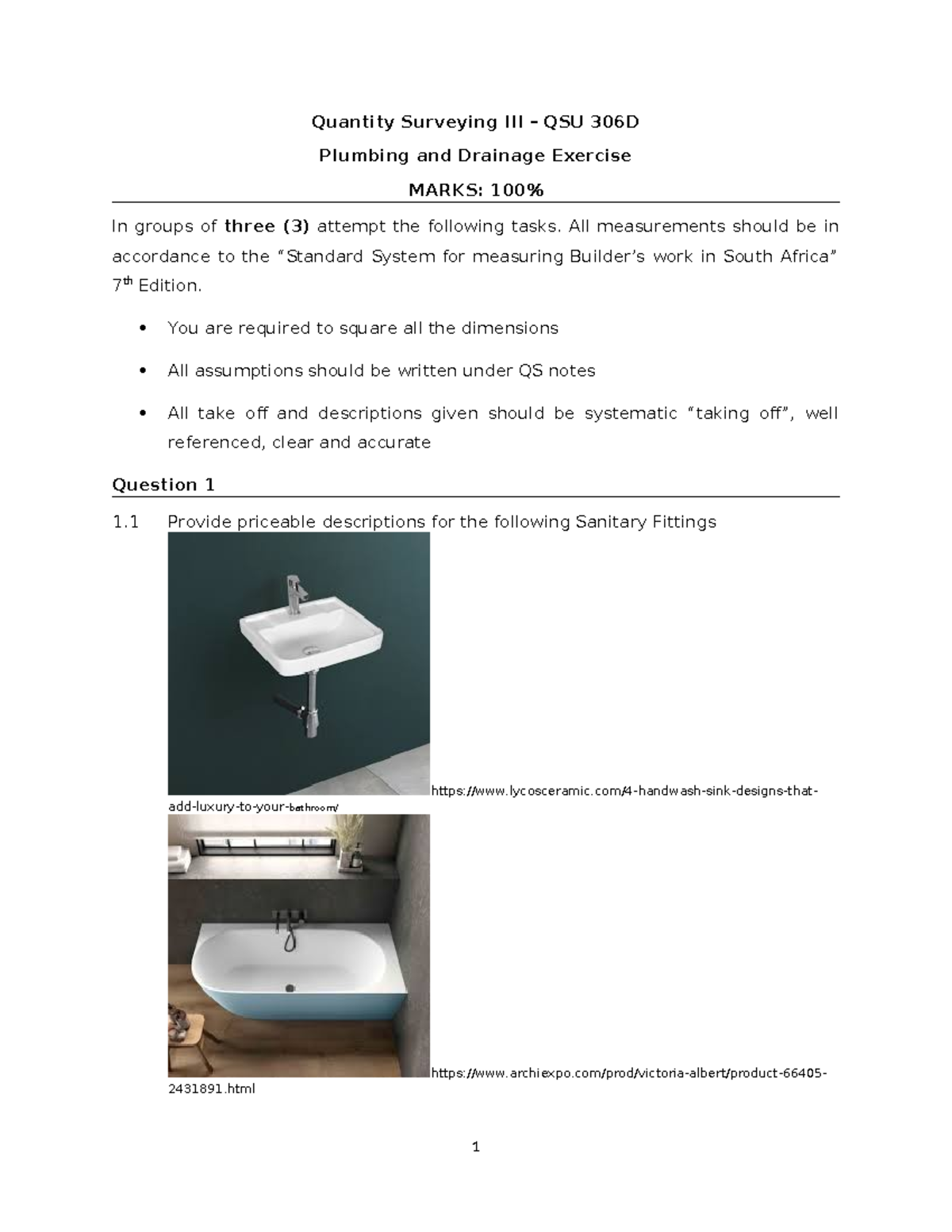 Quantity Surveying QSU 306D Plumbing & Drainage Exercise Guide - Studocu