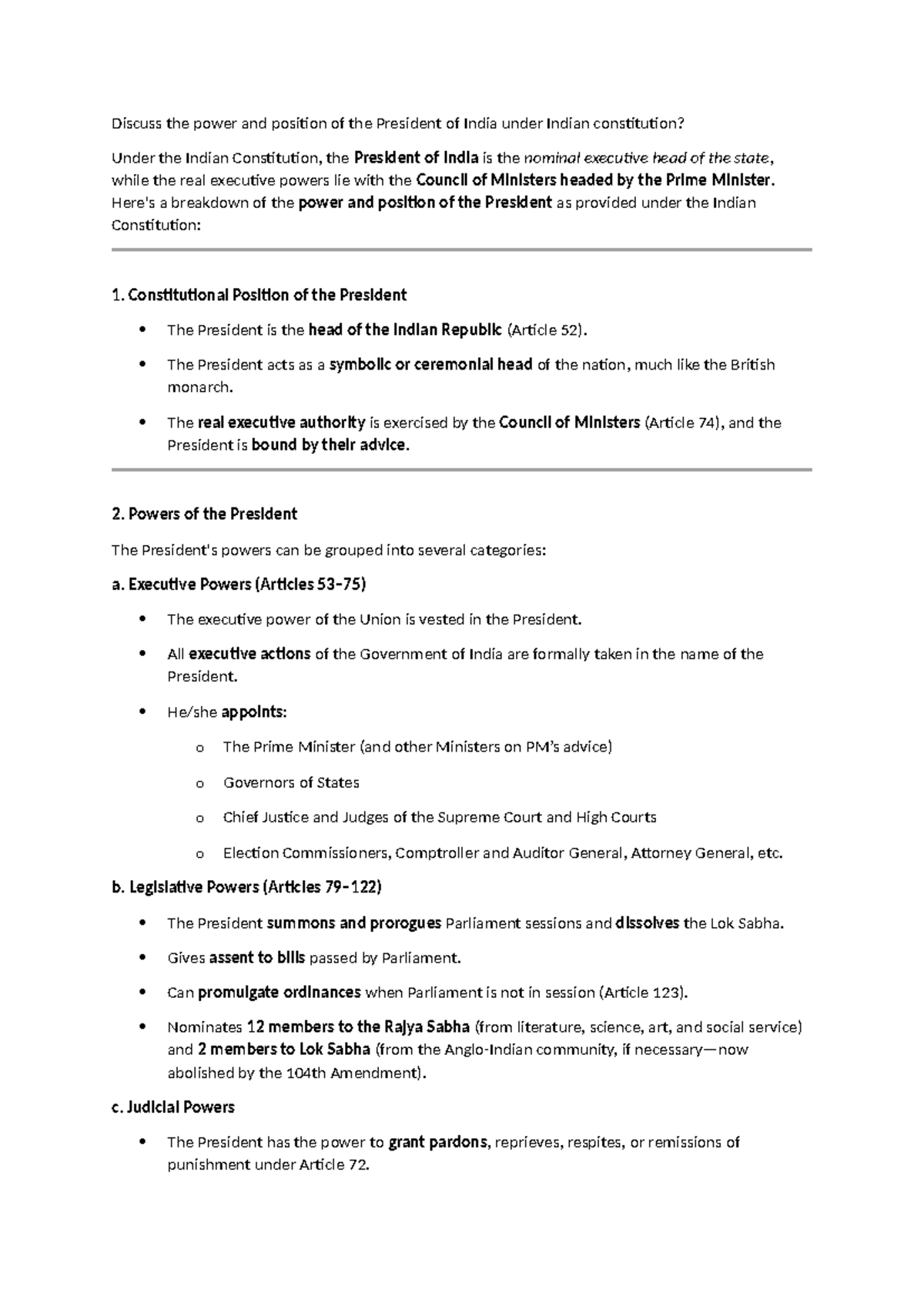 Constitutional Law Question & Answers - Discuss the power and position ...