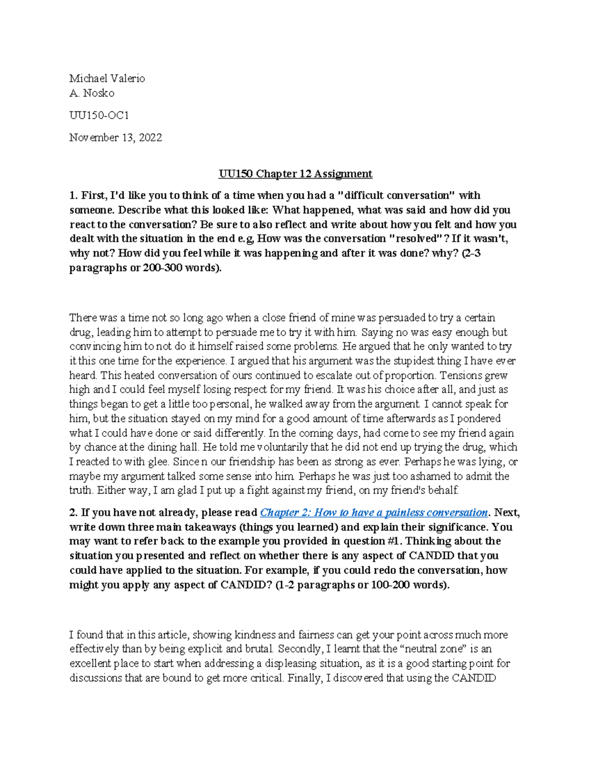 UU150 Chapter 12 Assignment: Reflecting on Difficult Conversations ...