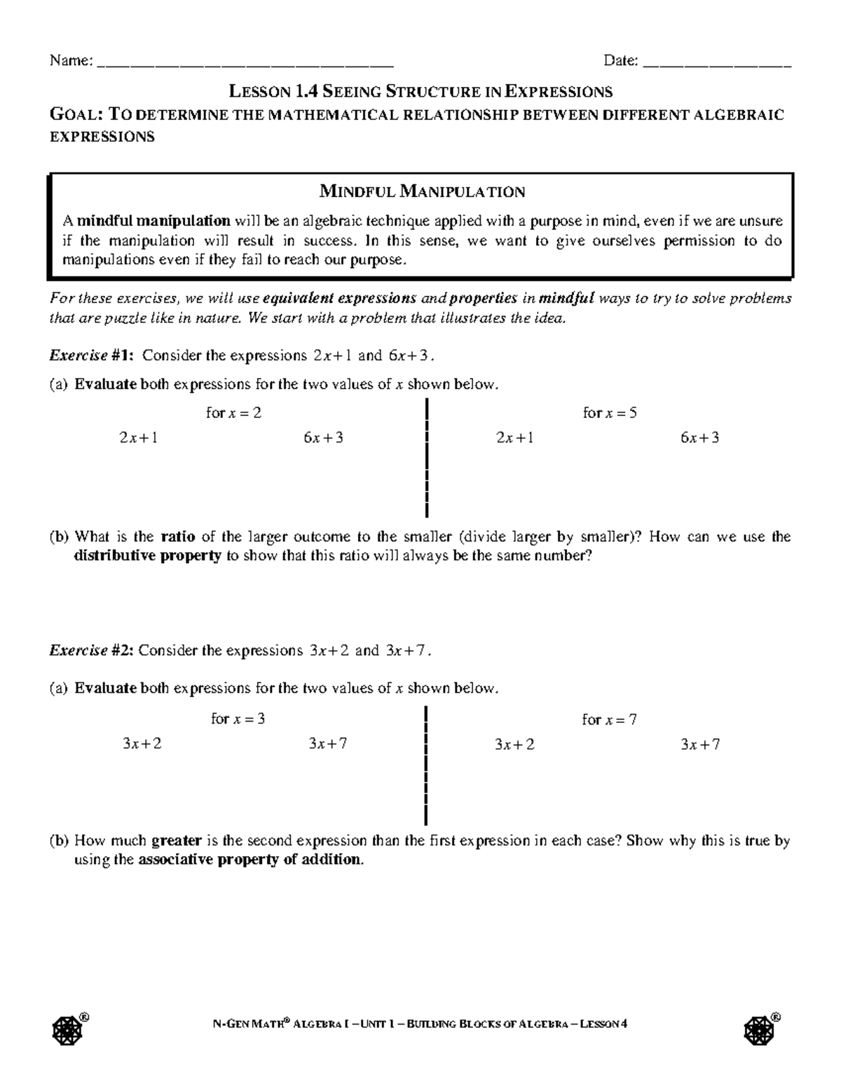 N-GEN MATH® ALGEBRA I – UNIT 1 – LESSON 4: SEEING STRUCTURE IN ...