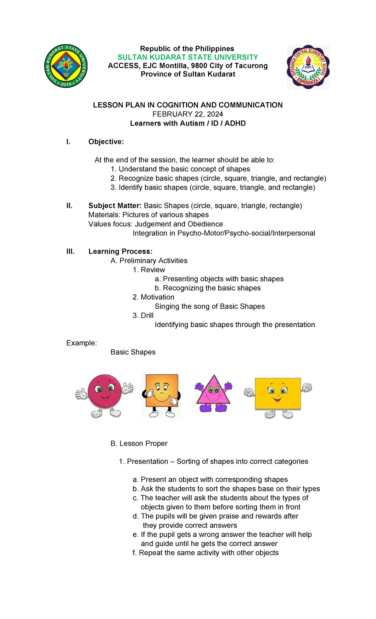 Lesson PLAN Basic Shapes NO - Republic of the Philippines SULTAN ...