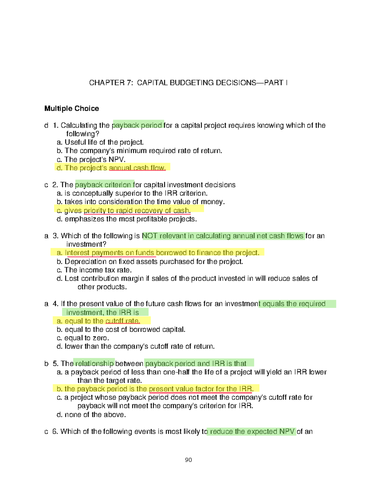 CHAPTER 7: CAPITAL BUDGETING I - Multiple Choice Questions (1-50) - Studocu
