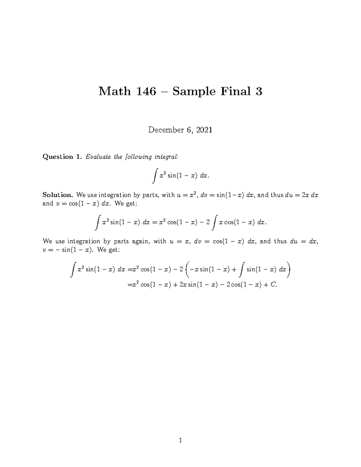 Math 146 Sample Final Exam 3 Solutions - December 2021 - Studocu