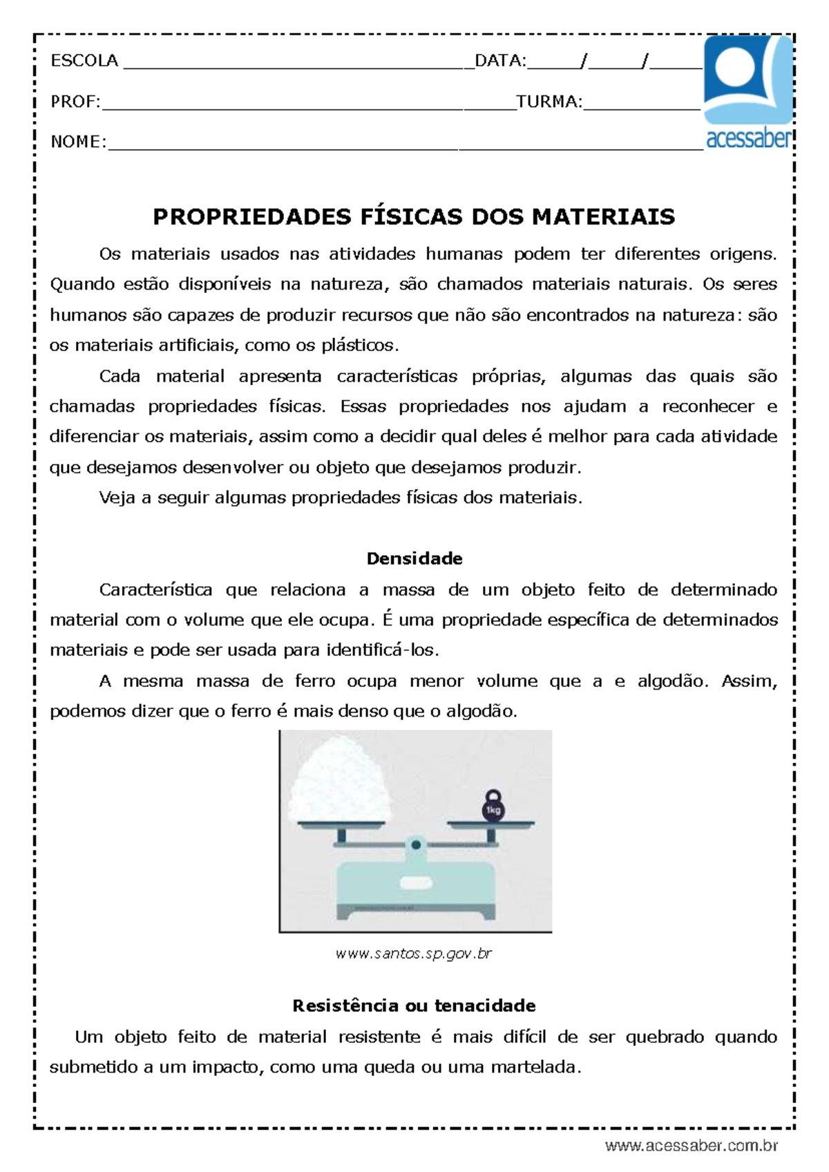 Atividade de Ciências: Propriedades Físicas dos Materiais - 5º Ano ...