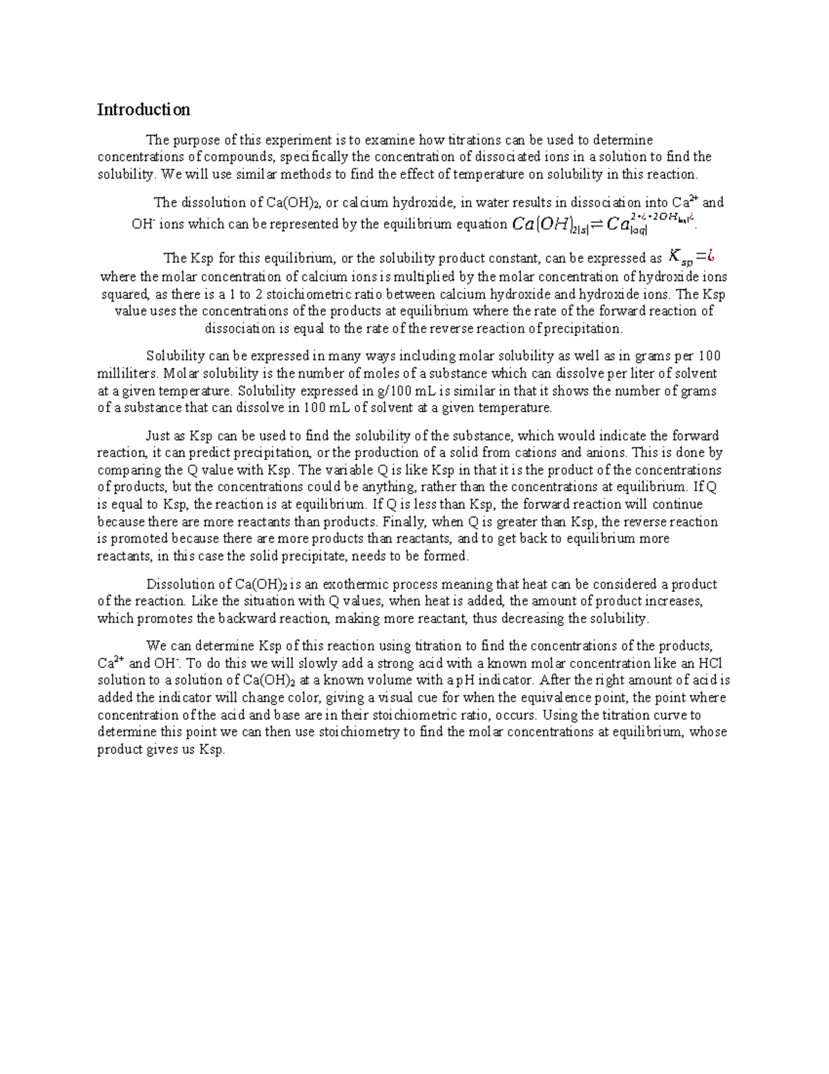 Lab Report: Solubility Product Determination of Ca(OH)2 - Studocu
