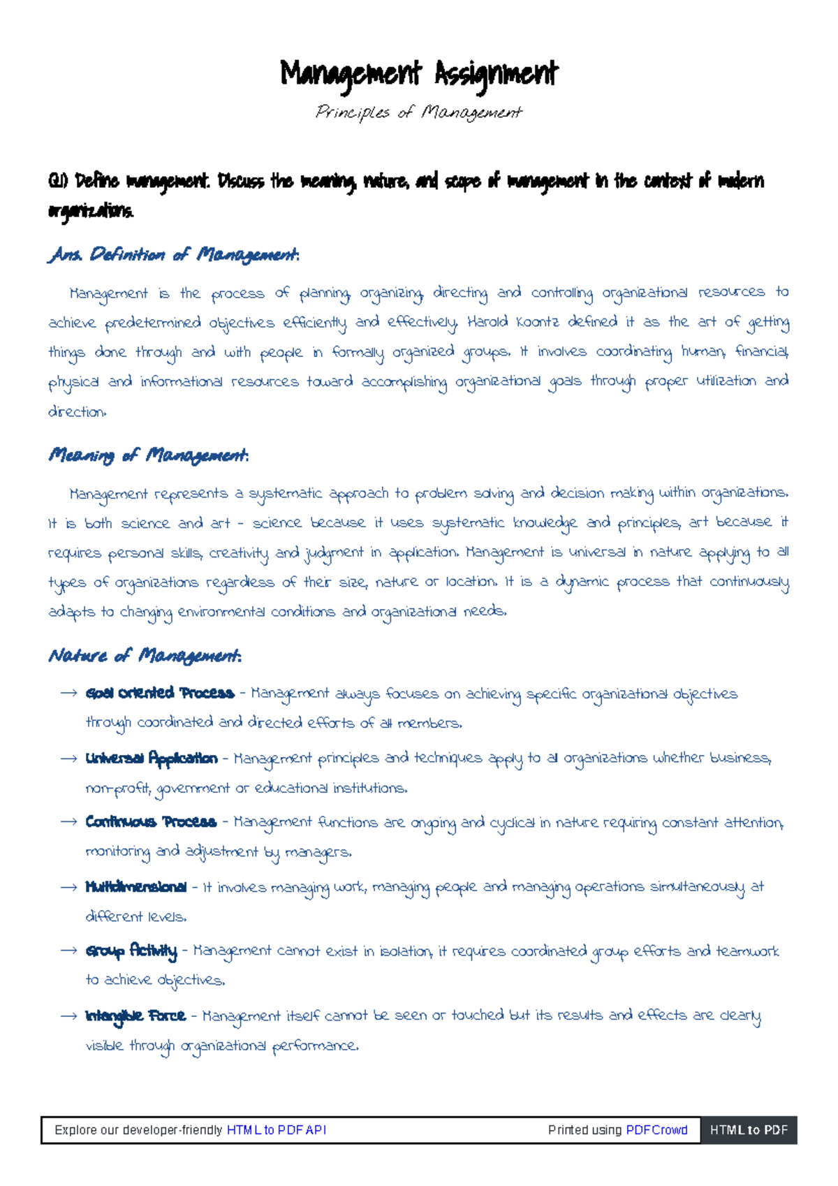 Management Assignment: Principles of Management Overview and Evaluation ...