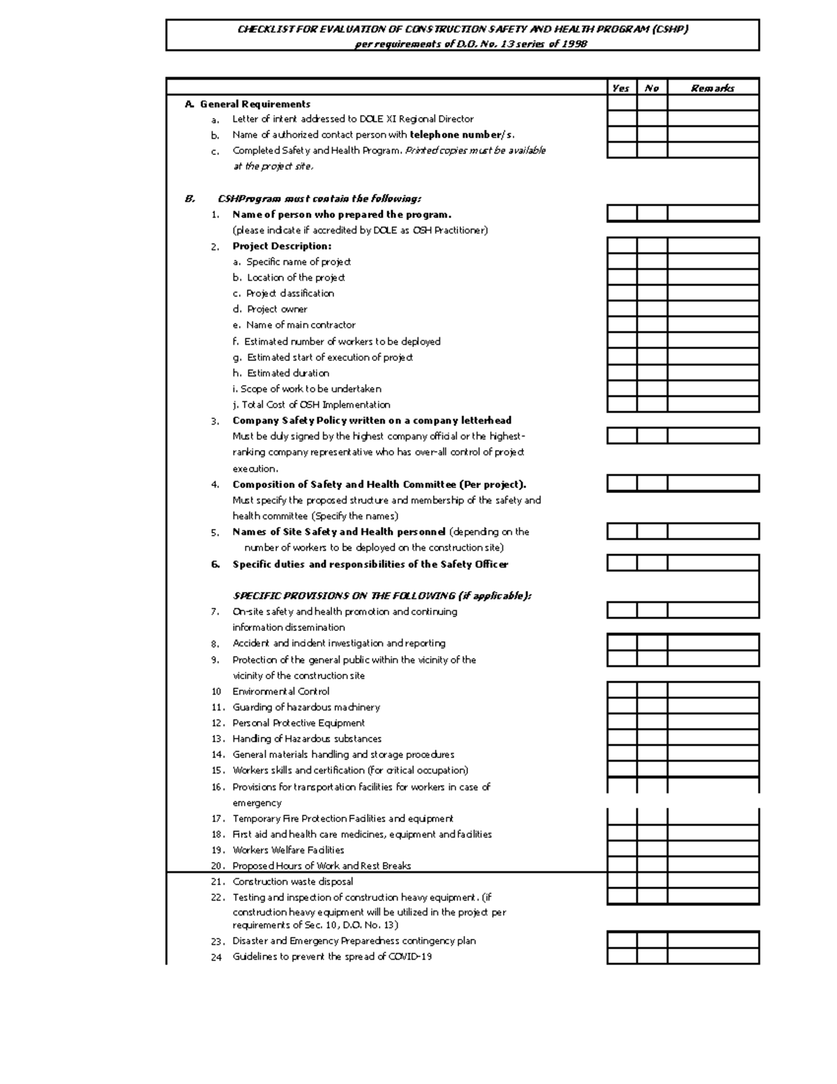 CSHP Checklist: Evaluation of Construction Safety & Health Program ...