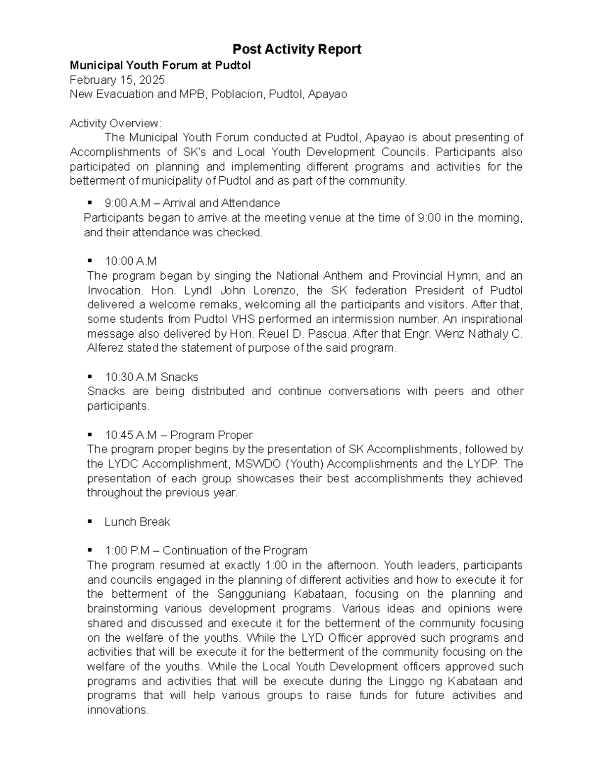 Post Activity Report: Municipal Youth Forum at Pudtol, Feb 15, 2025 ...