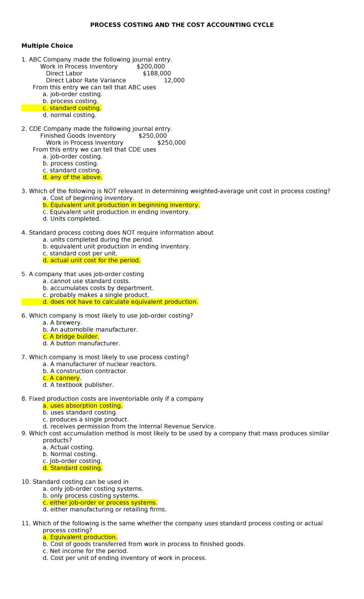 Process Costing and the Cost Accounting Cycle: MCQs for Exam Prep - Studocu