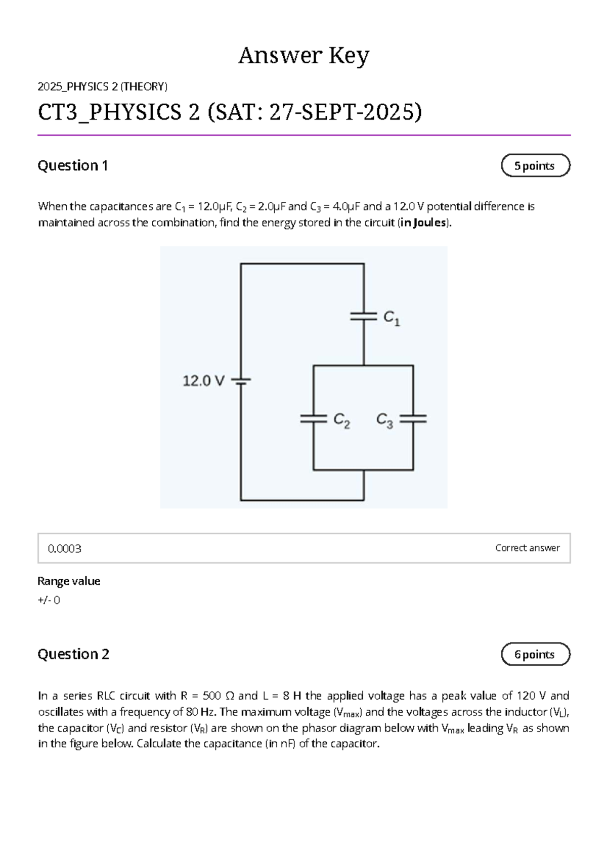 Class Test 3 Answer Key 2025_PHYSICS 2 (THEORY) - Studocu