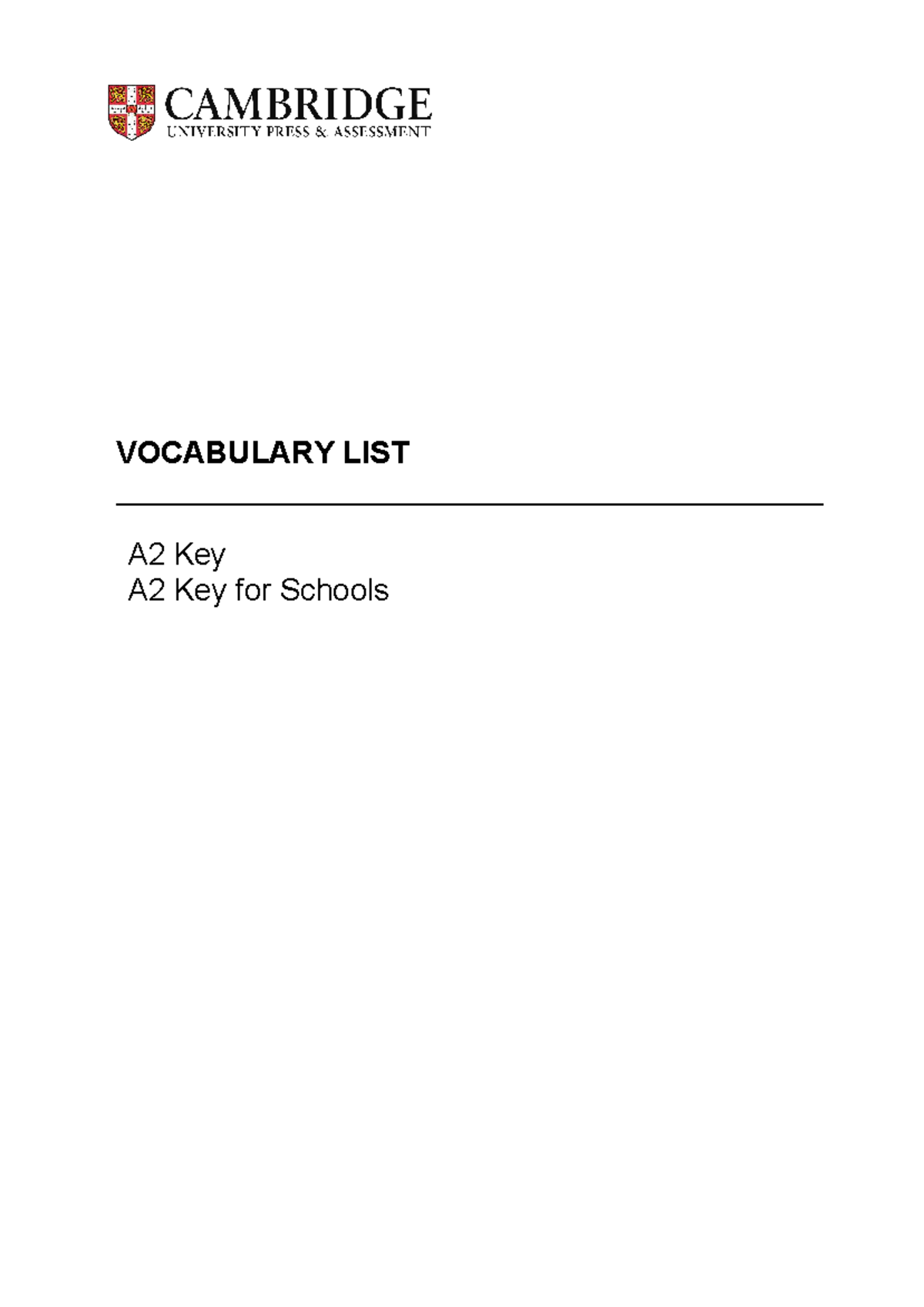 劍橋A2高頻單字表 - Vocabulary List for A2 Key - Studocu