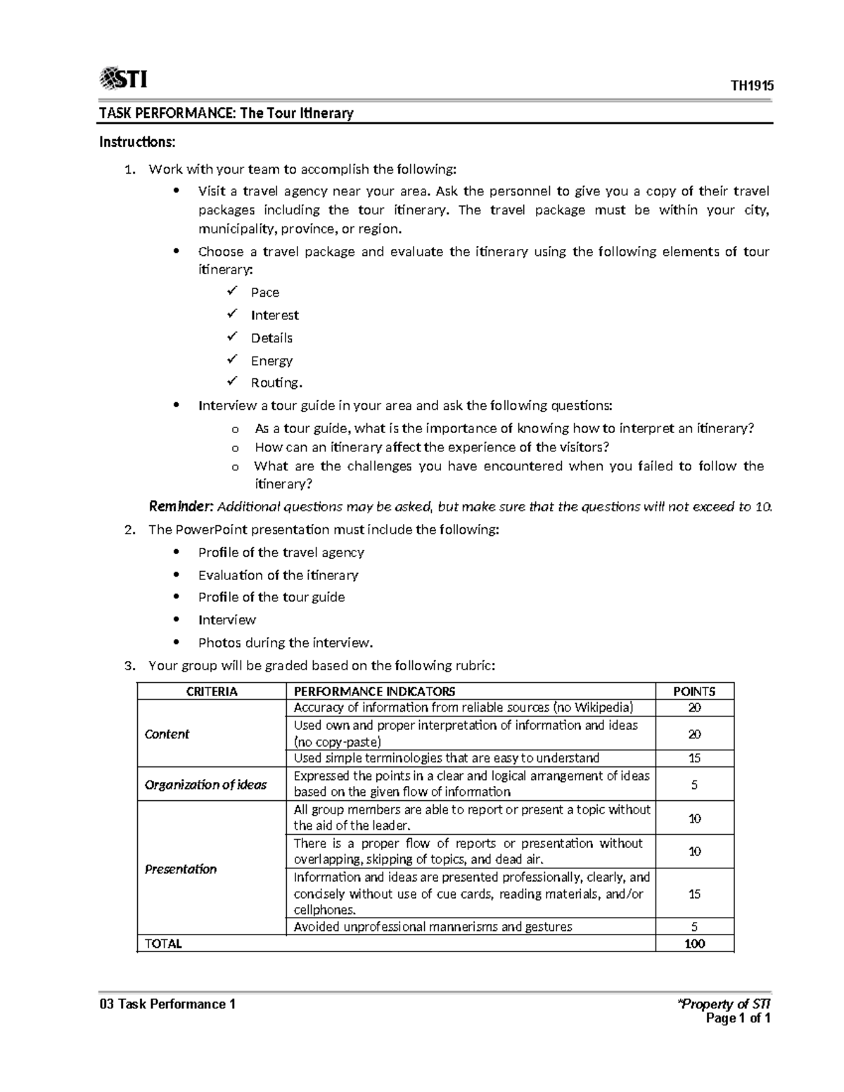 03 Task Performance 1: Evaluating a Tour Itinerary in Groups - Studocu