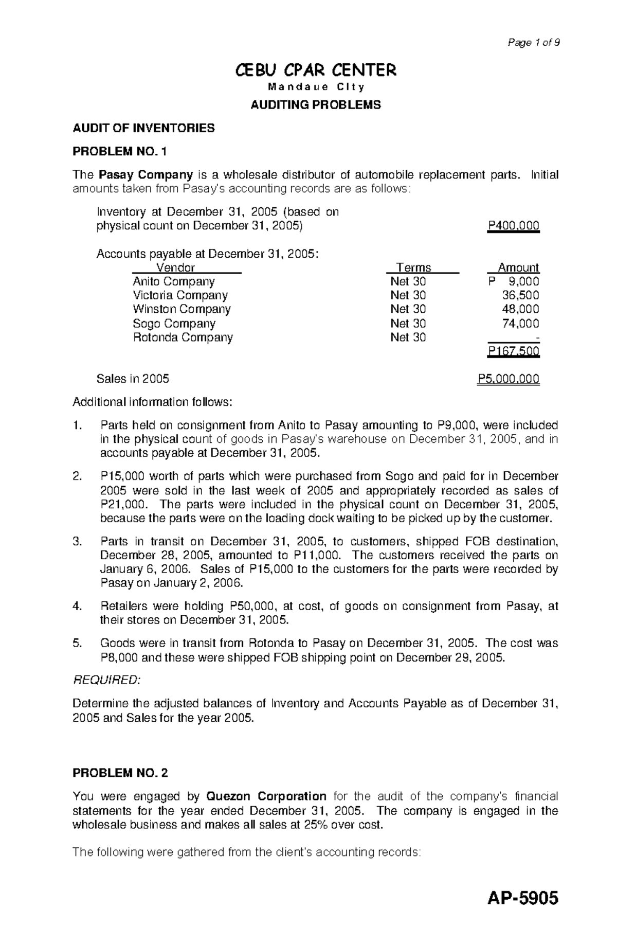 CEB-AD104: Audit of Inventories - Problems and Solutions Guide - Document Preview