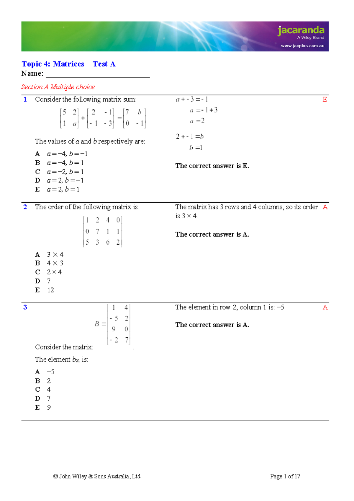ANS yr 11 matrices jac plus test - Topic 4: Matrices Test A Name