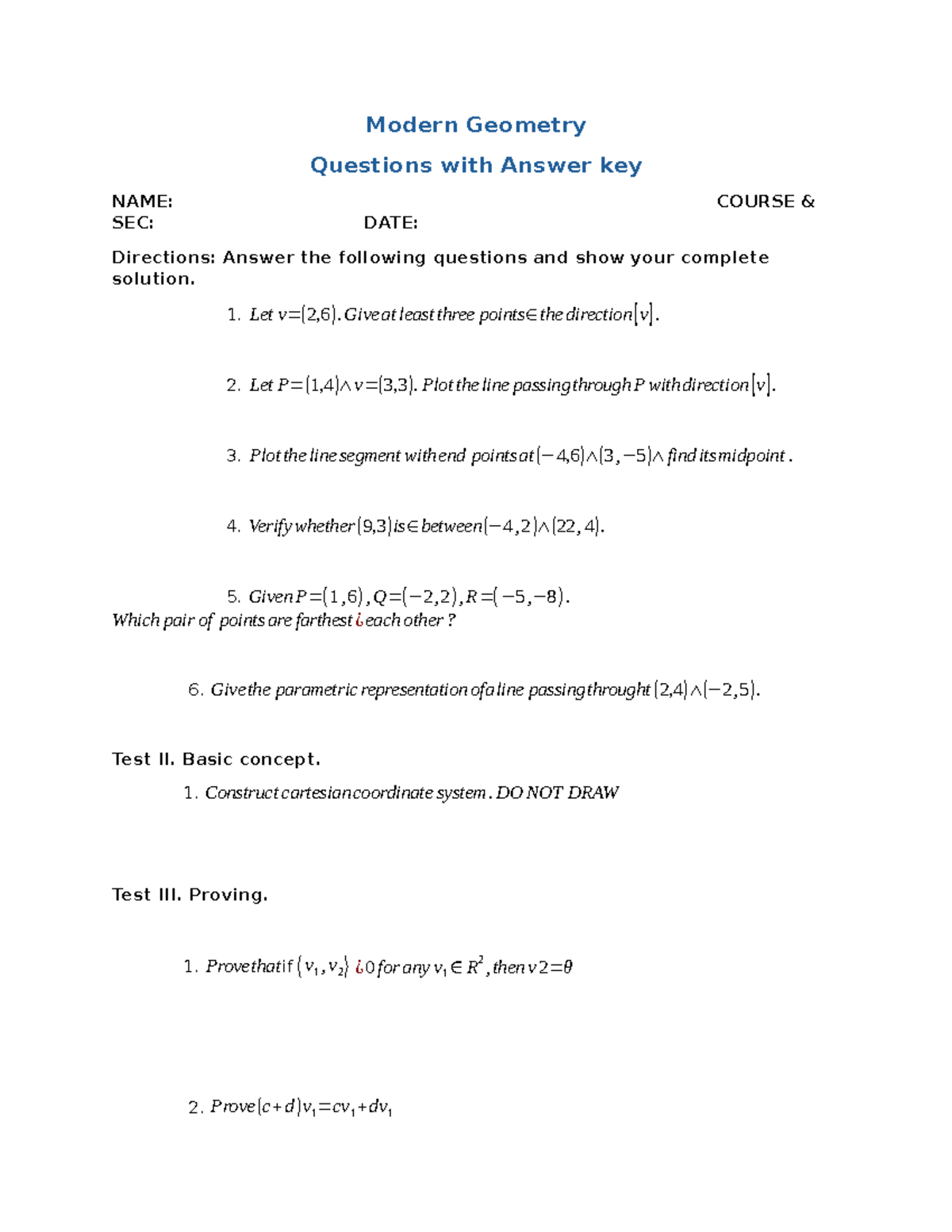 Modern Geometry - Recreational Activity Questions & Answers - Studocu