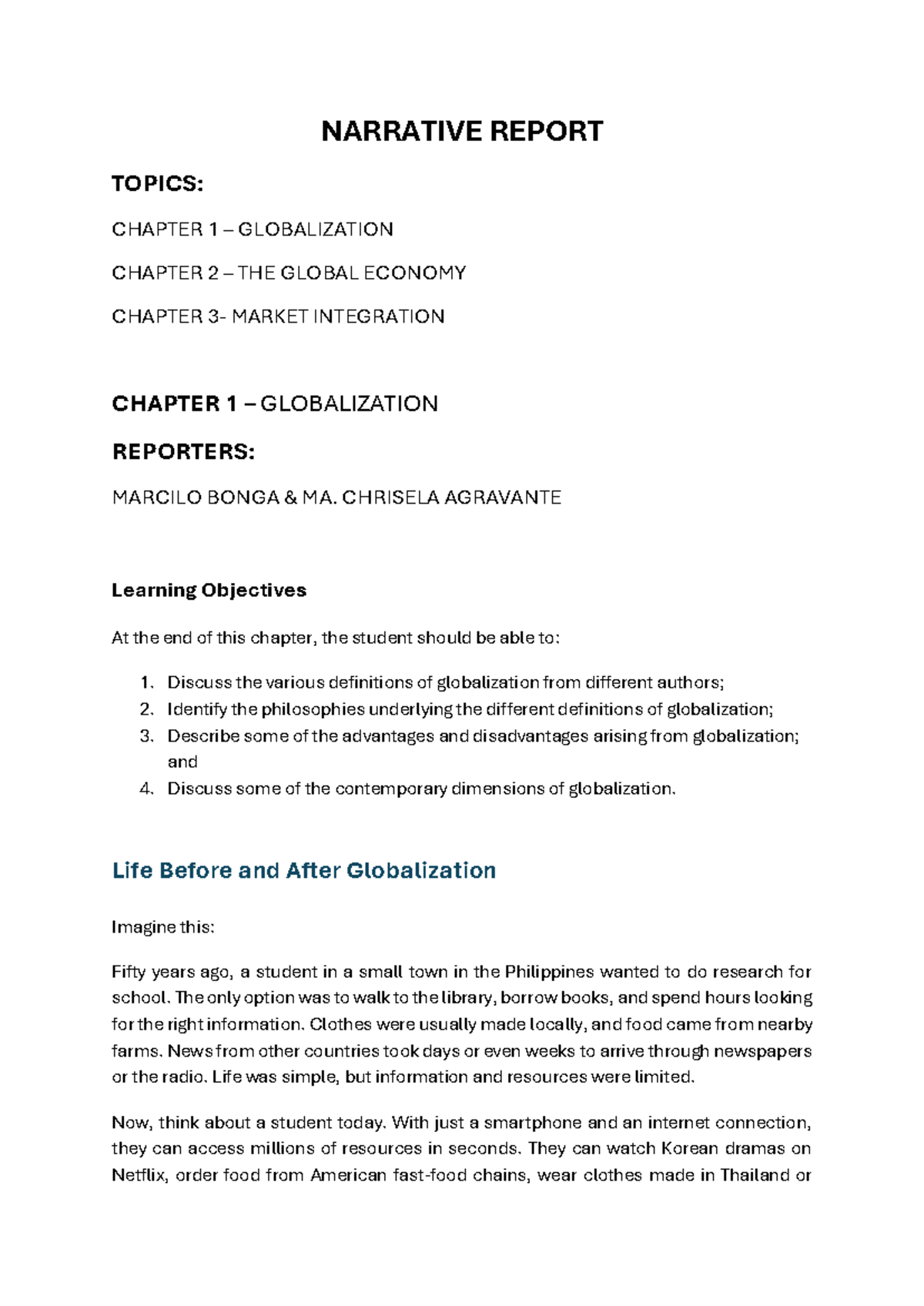 NARRATIVE REPORT: GLOBALIZATION & THE GLOBAL ECONOMY (SOC SCI 10) - Studocu