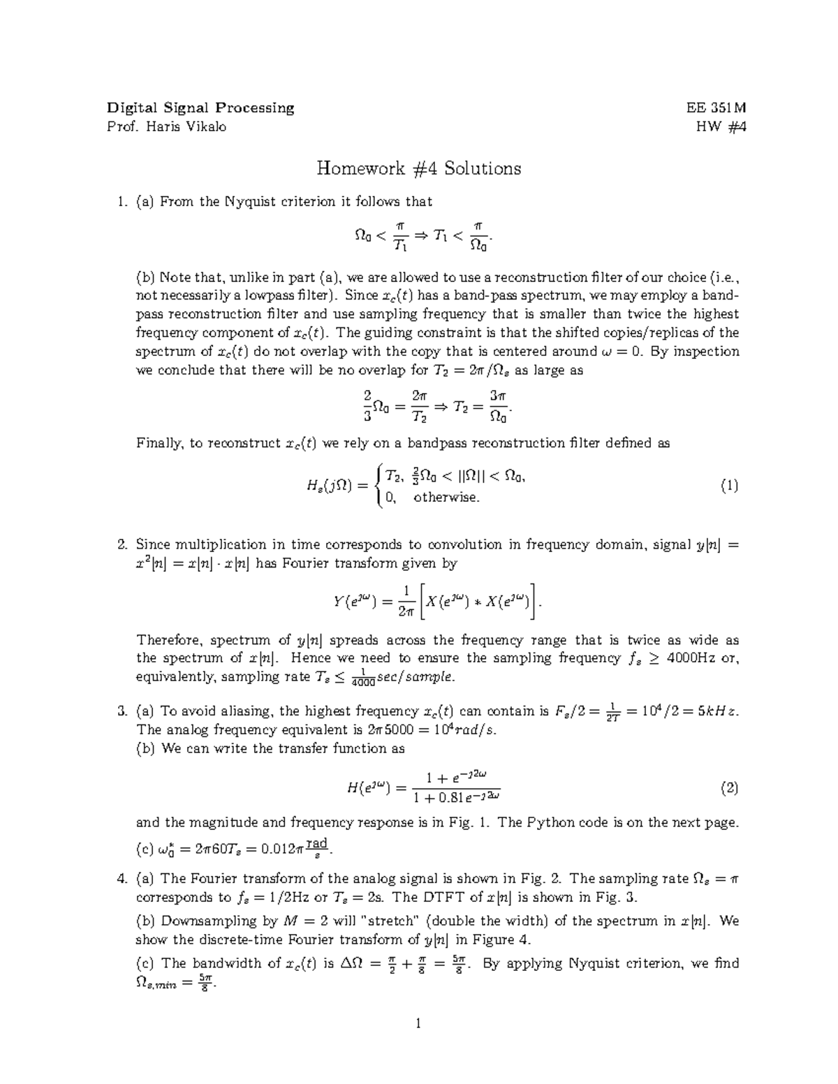 EE 351M HW 4 Digital Signal Processing - Solutions Overview - Studocu