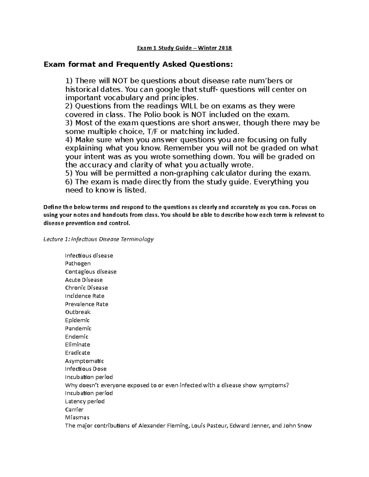 Exam 1 Study Guide - Exam 1 Study Guide Winter 2018 Exam format and ...