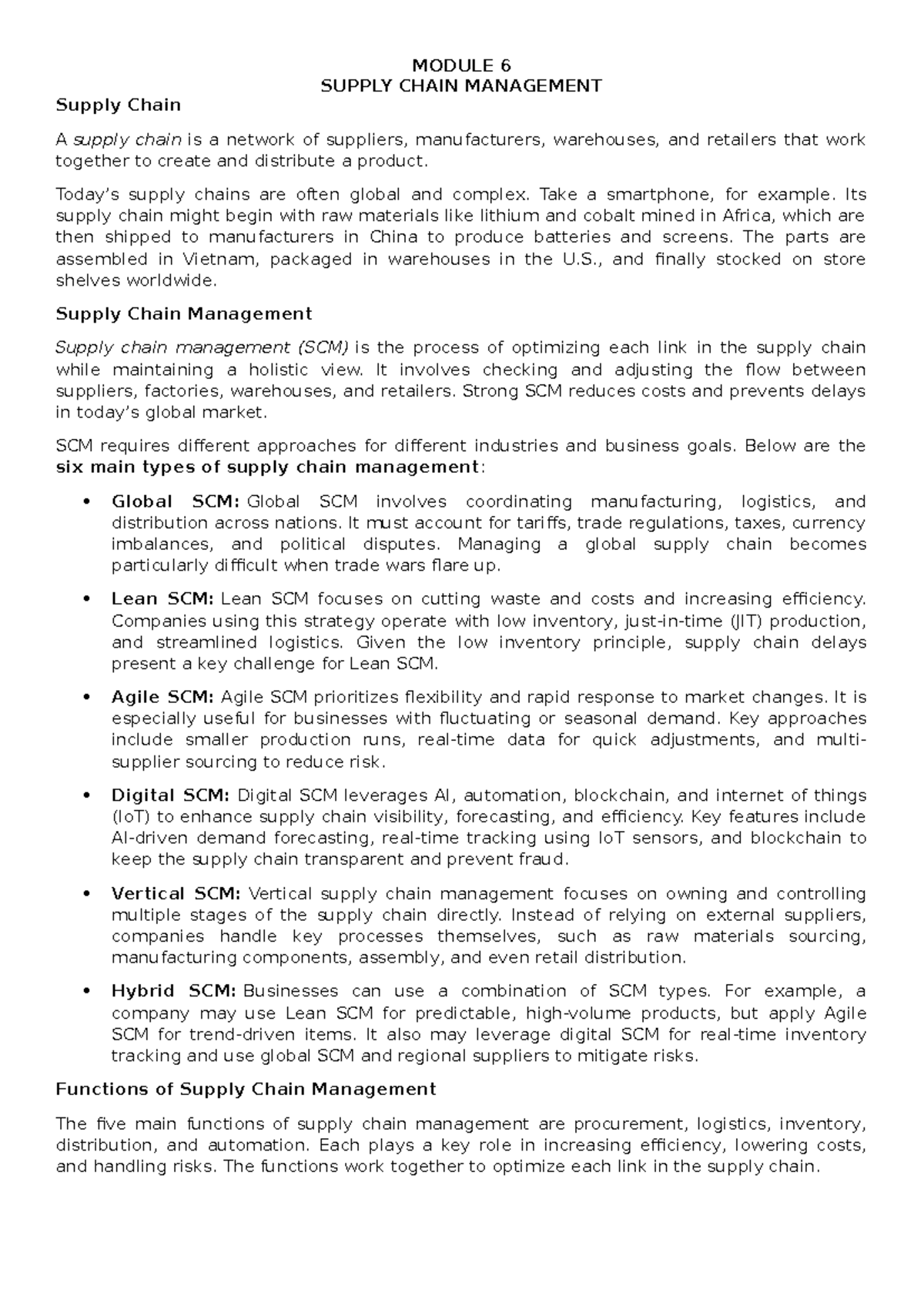 Module 6: Comprehensive Overview of Supply Chain Management - Studocu
