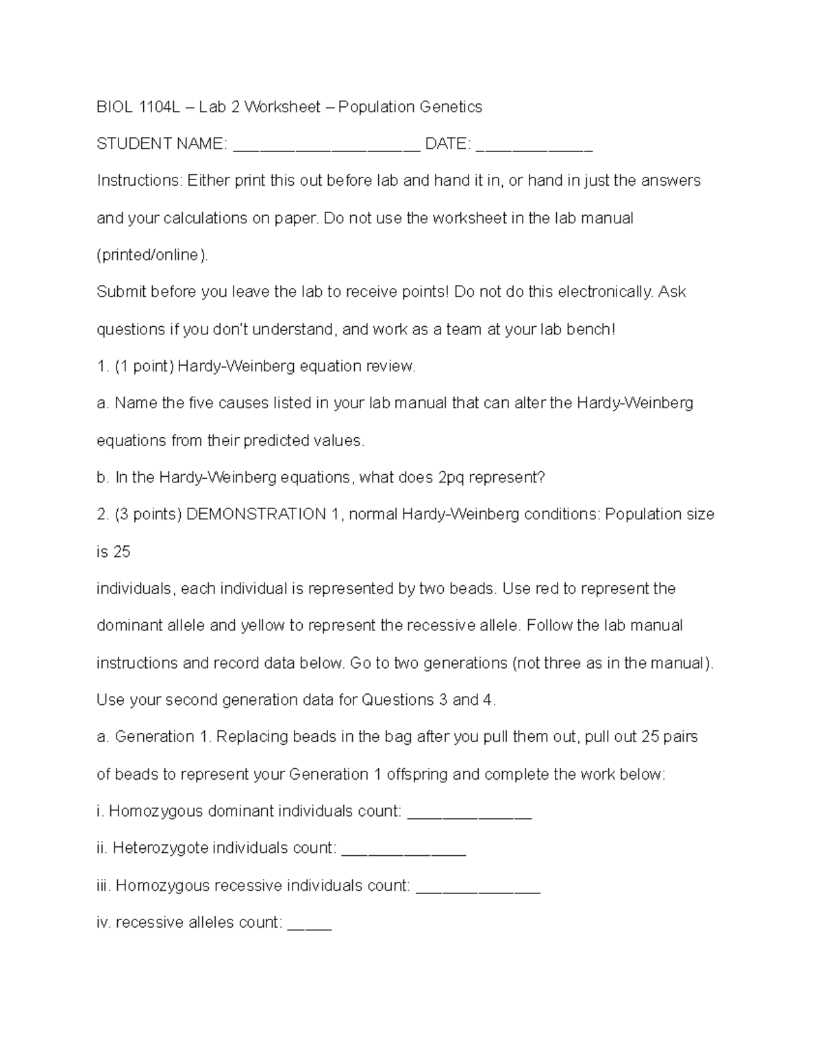 BIOL 1104L Lab 2 Worksheet: Exploring Population Genetics - Studocu