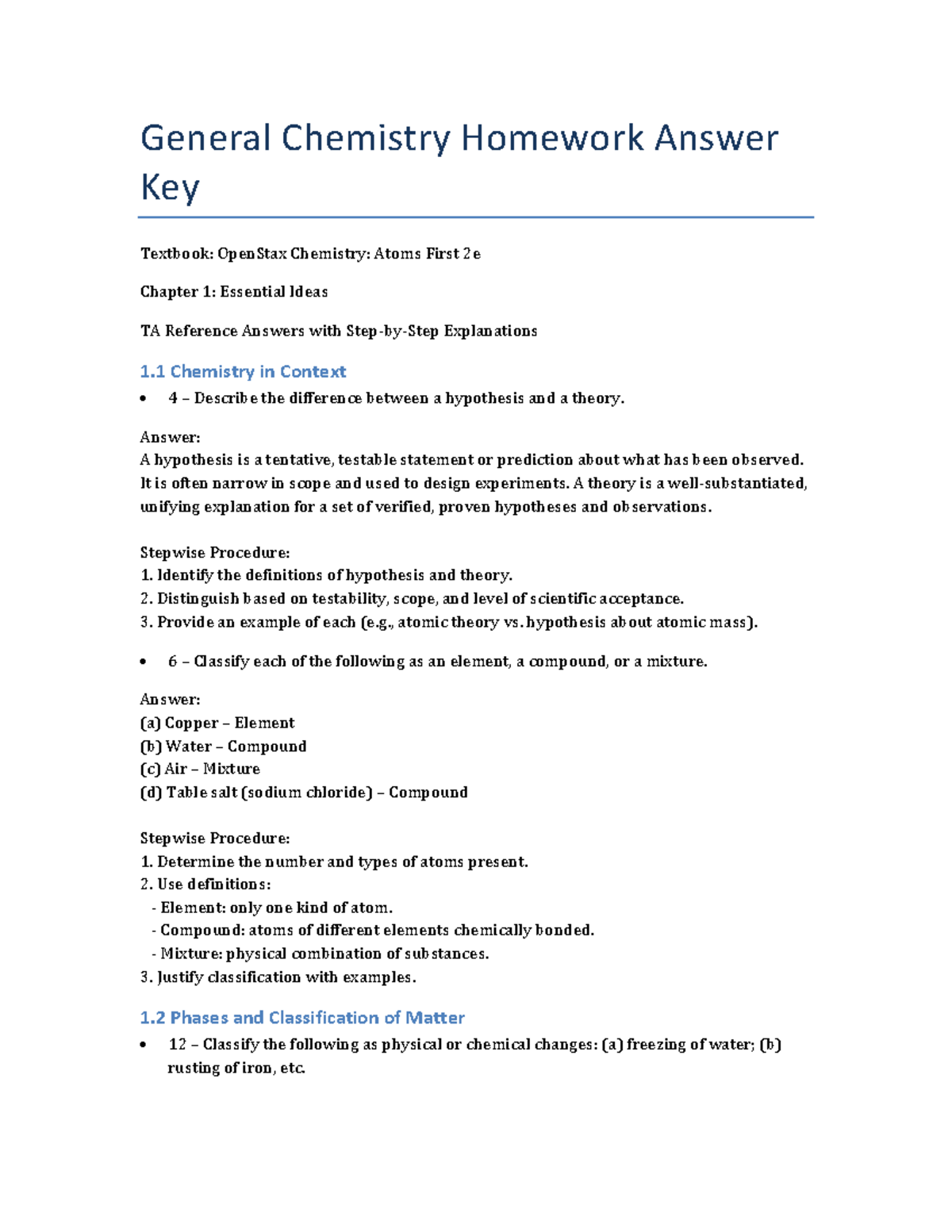 General Chemistry Homework Answer Key: CHM101 Chapter 1 Essentials ...