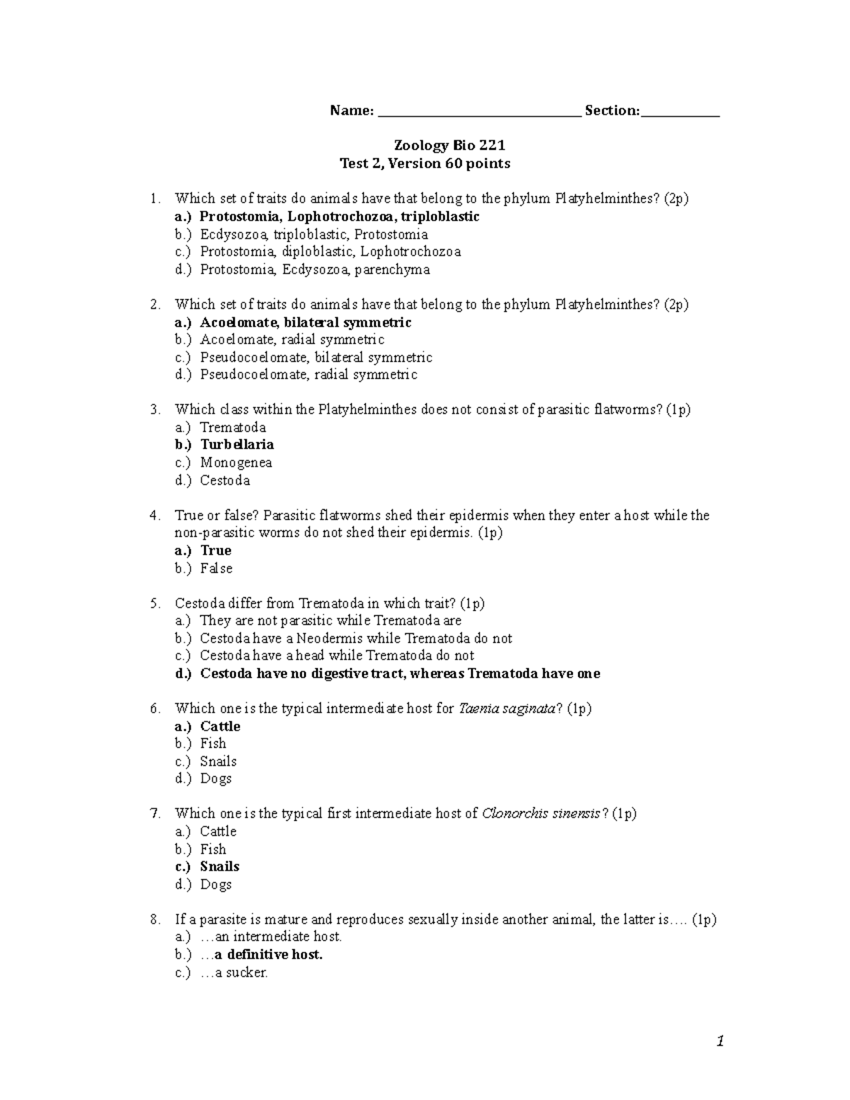 Zoology Bio 221 Test 2 Answer Key Guide - Exam Version 60 (2022) - Studocu