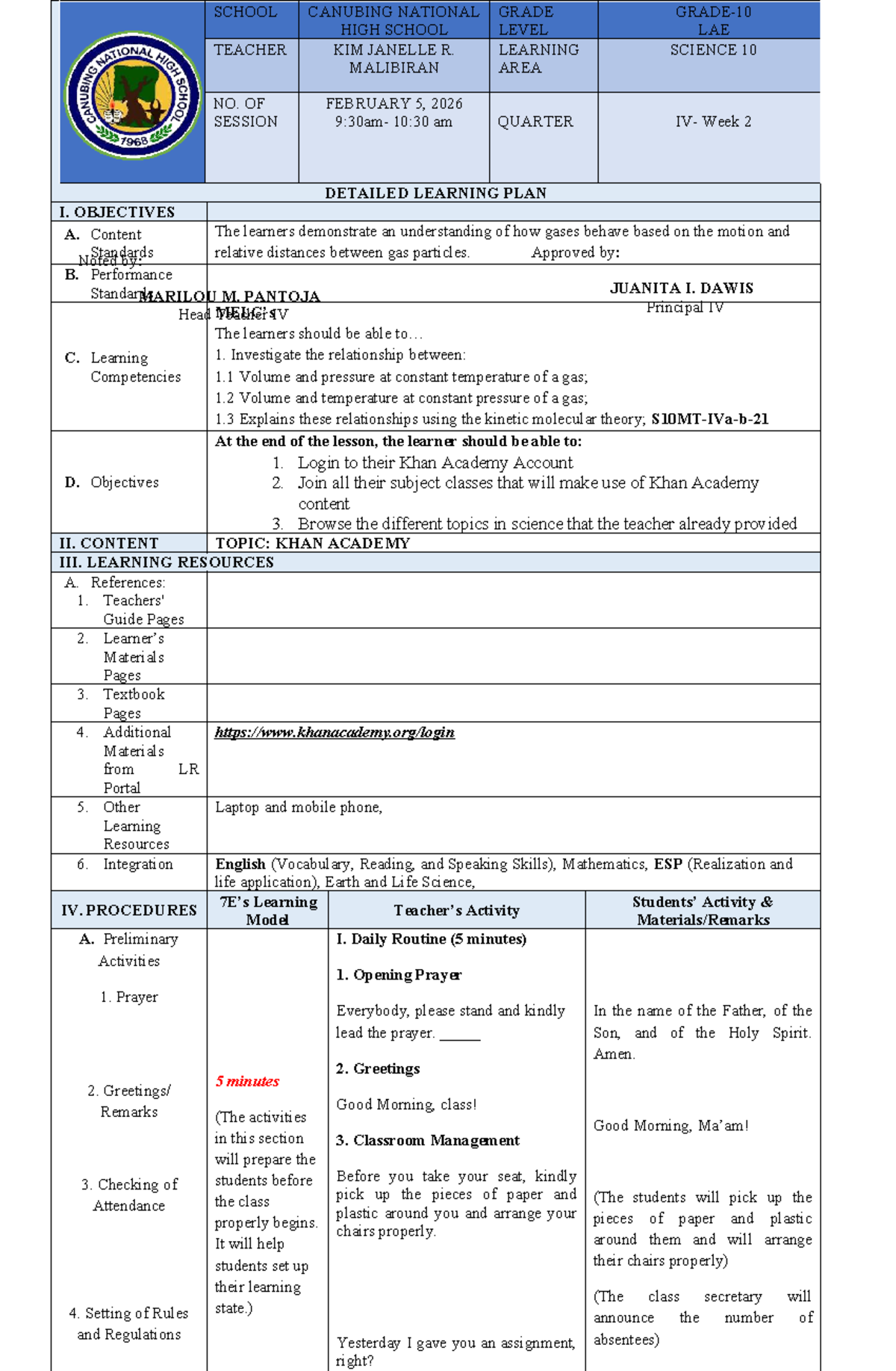 Detailed Learning Plan for Science 10 - Feb 5, 2026 Session - Studocu