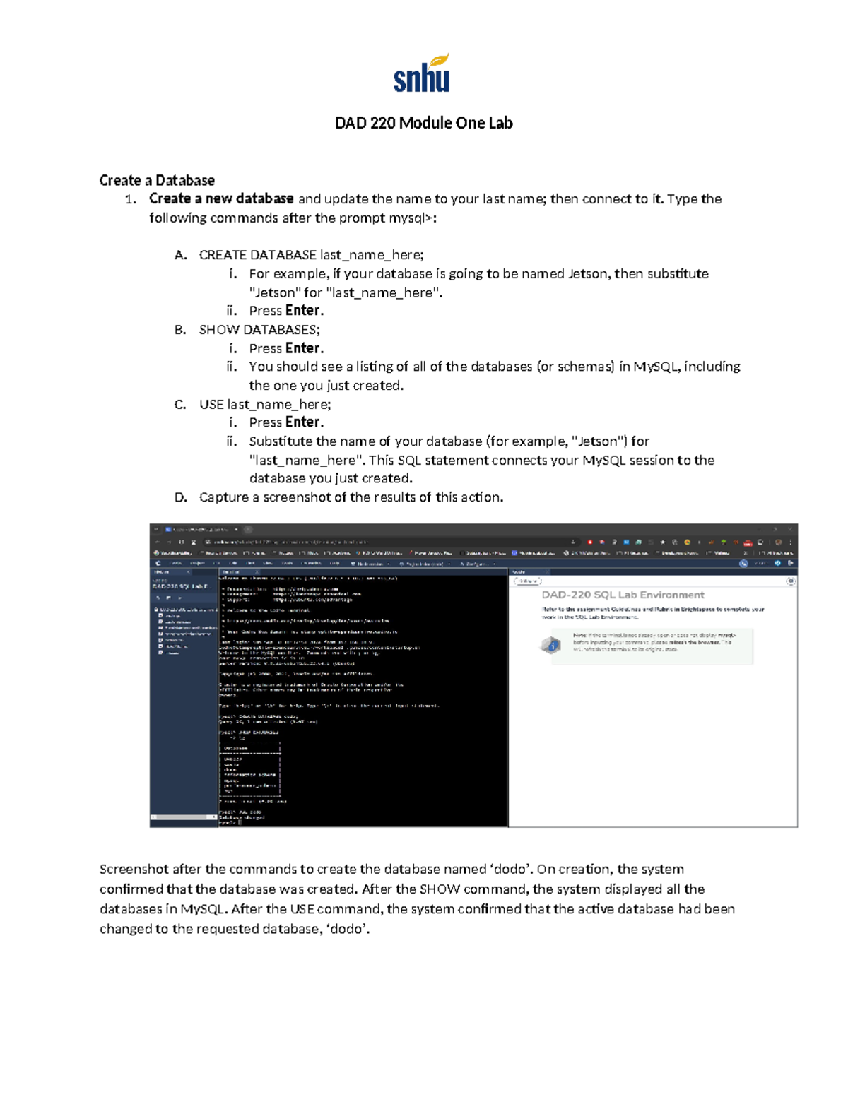 DAD 220 Module One Lab - DAD 220 Module One Lab Create a Database 1 ...