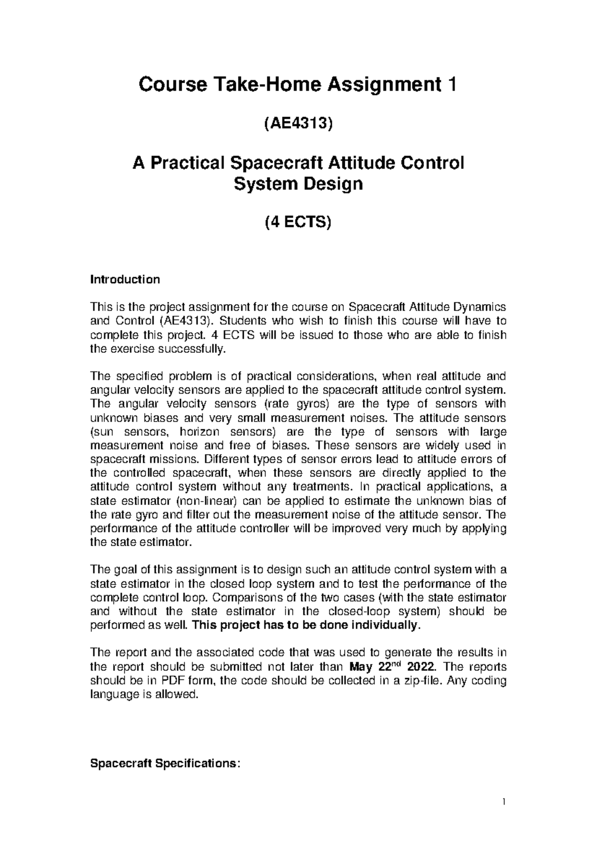 Spacecraft Attitude Dynamics and Control Assignment 1 2022 - Spacecraft ...