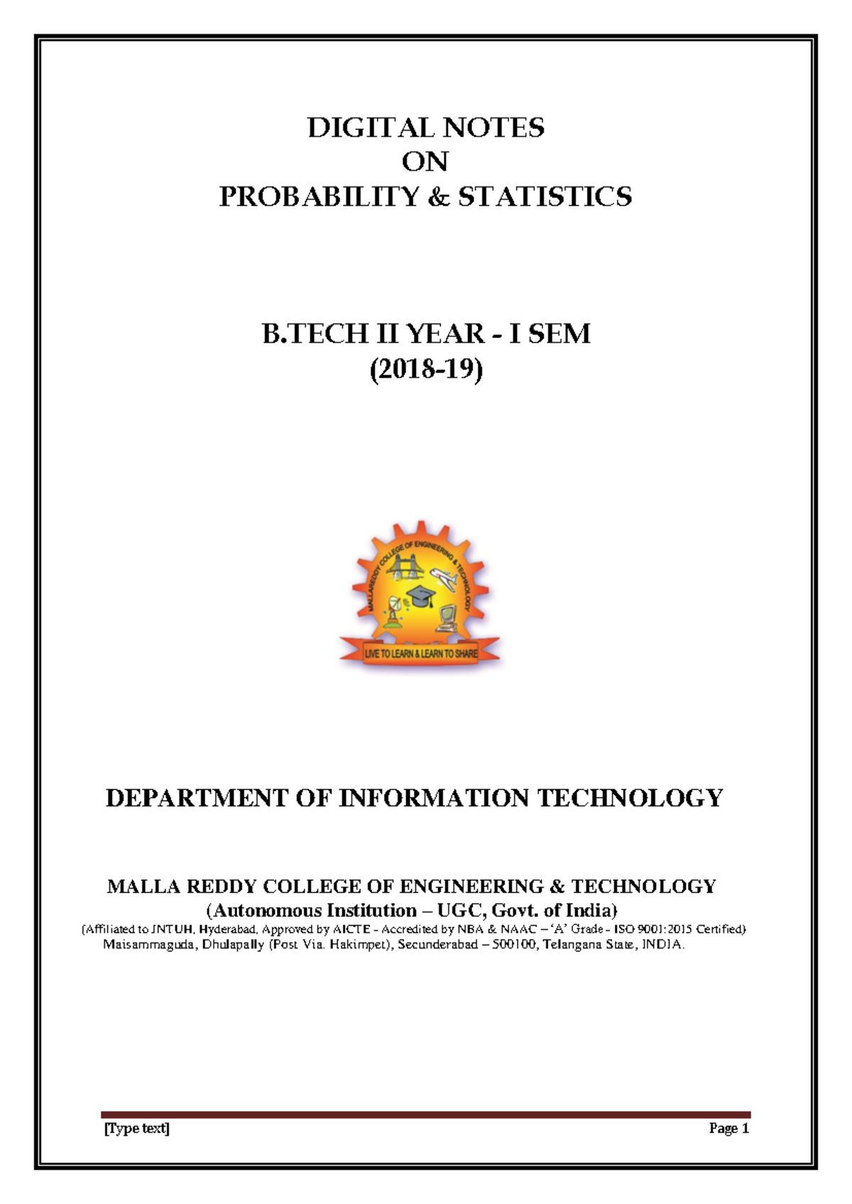 Digital Notes on Probability & Statistics (R17A0024) - B.Tech II Year I ...