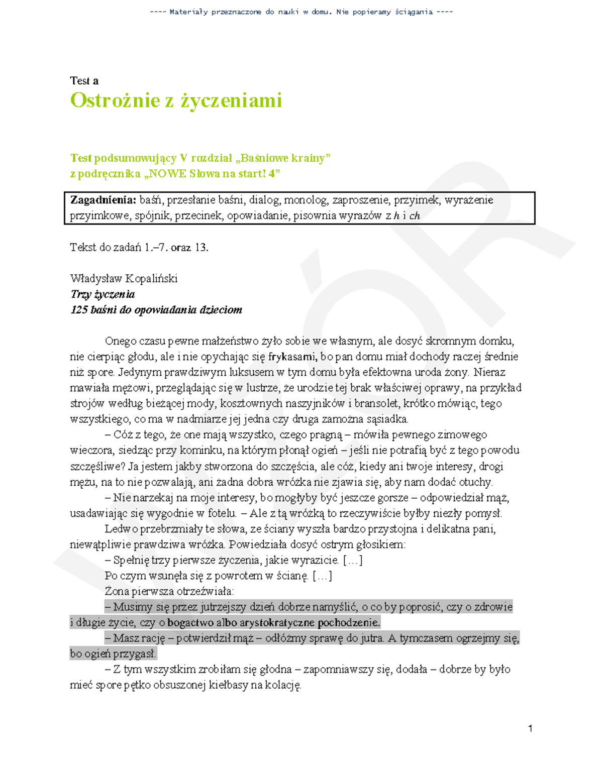 Materiały do nauki - Język Polski - Klasa 4 - Sprawdzian Dział 5 - Studocu