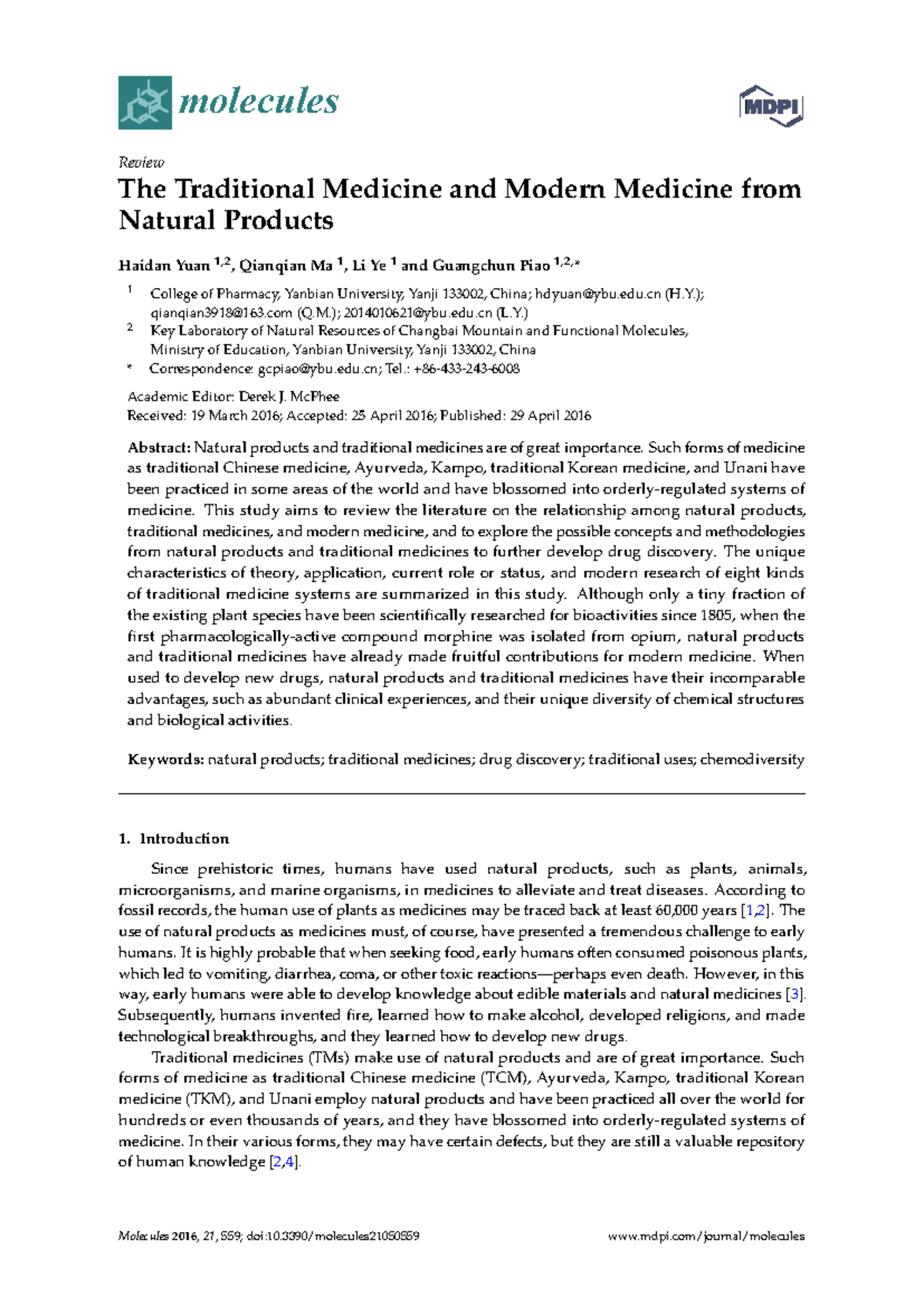 Molecules 2016: Review of Traditional and Modern Medicine from Natural ...