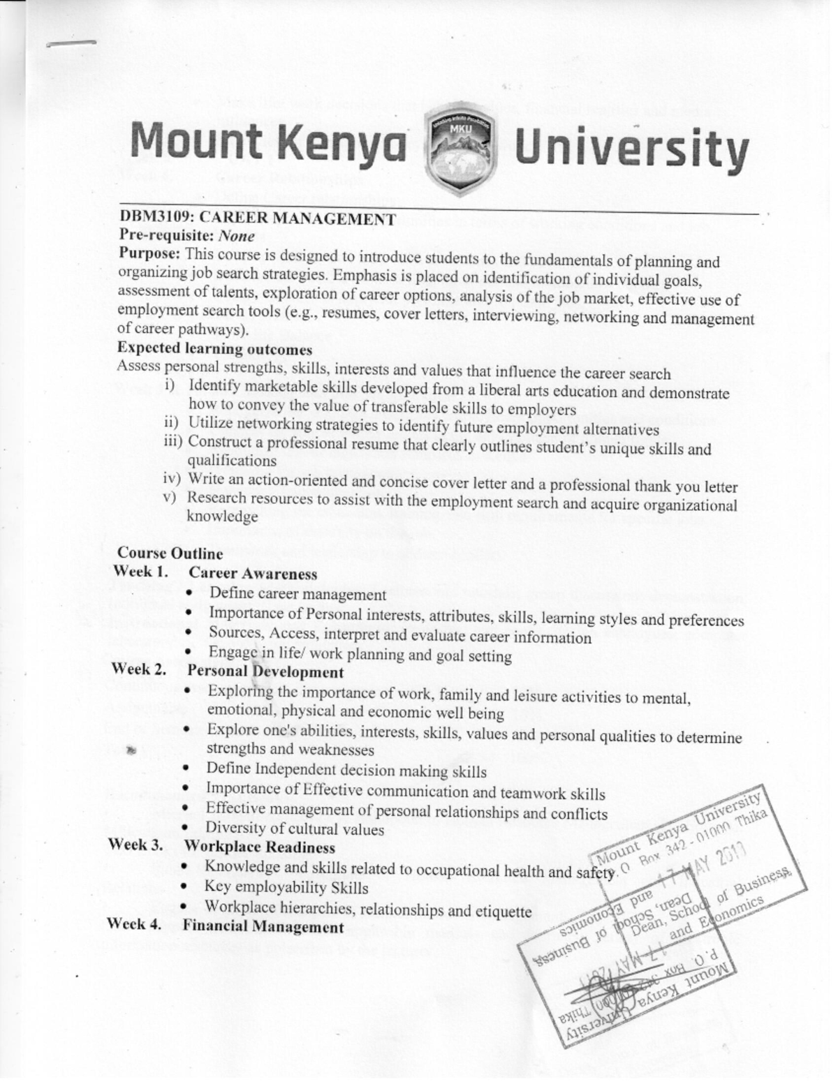 DBM3109: Career Management Course Overview and Key Learning Outcomes ...