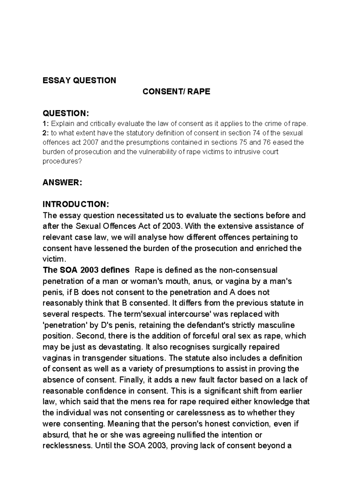Untitled document - ESSAY QUESTION CONSENT/ RAPE QUESTION: 1: Explain ...