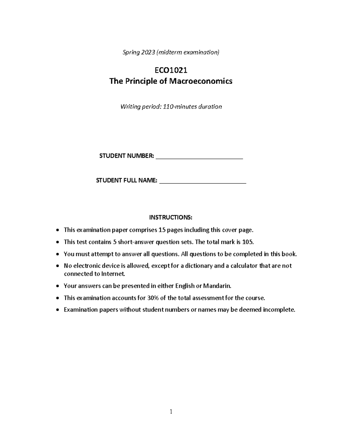 Spring 2023 Midterm Exam ECO1021: Principles of Macroeconomics Guide ...