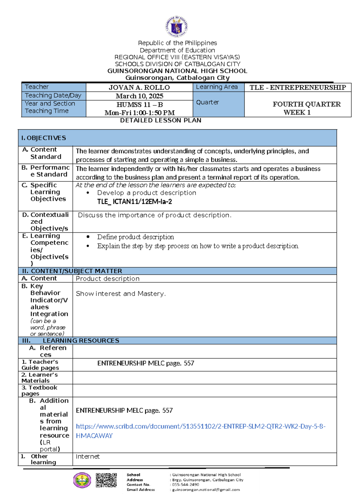 TLE-ENTREP Lesson Plan: Developing Product Descriptions for HUMSS 11-B ...