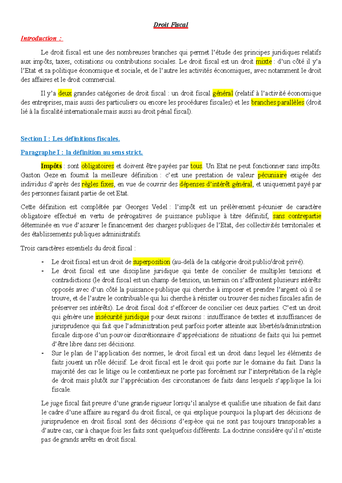 Cours Droit Fiscal : Introduction aux Principes et Définitions Fiscales ...