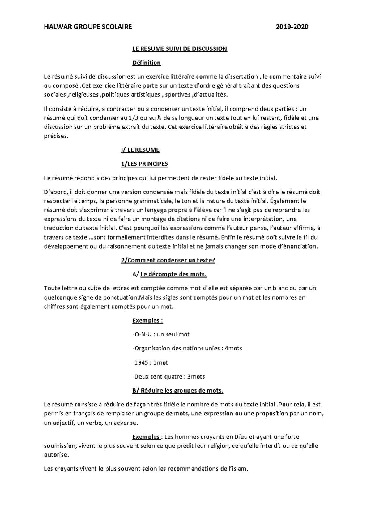 HALWAR GROUPE SCOLAIRE : Méthodologie du Résumé Suivi de Discussion ...