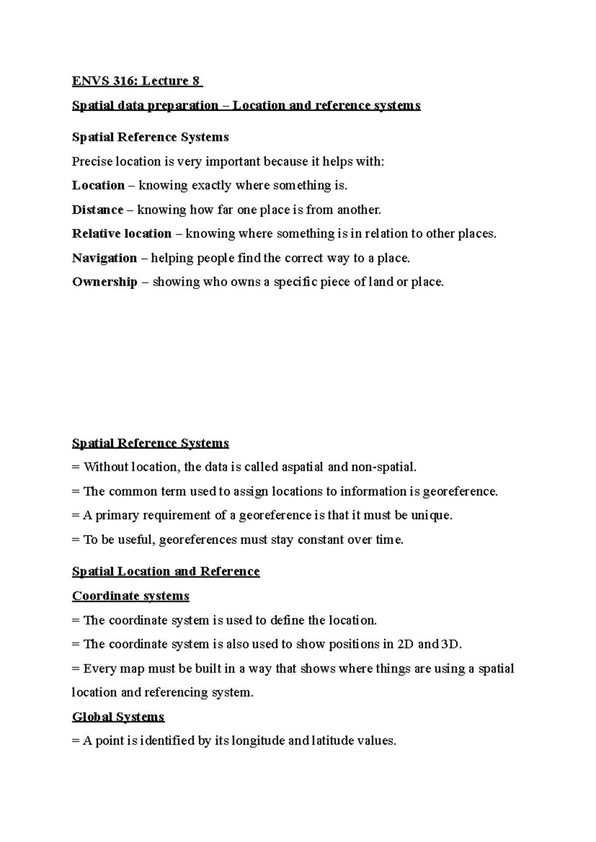 ENVS 316: Lecture 8 - Spatial Data Prep & Reference Systems - Studocu