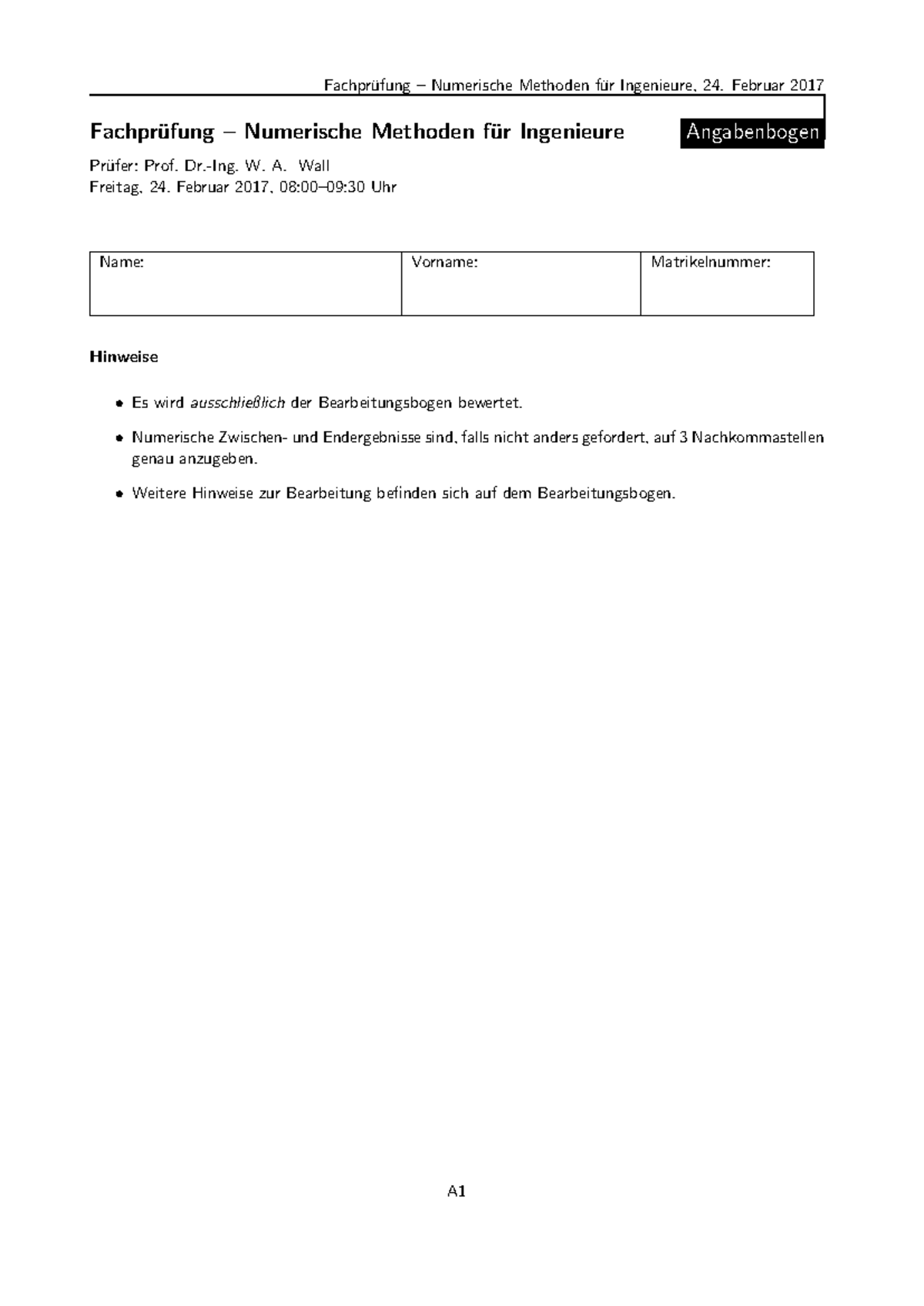 Prüfung 07 - Numerische Methoden für Ingenieure, Winter 2015/2016 Fragebogen - Document Preview