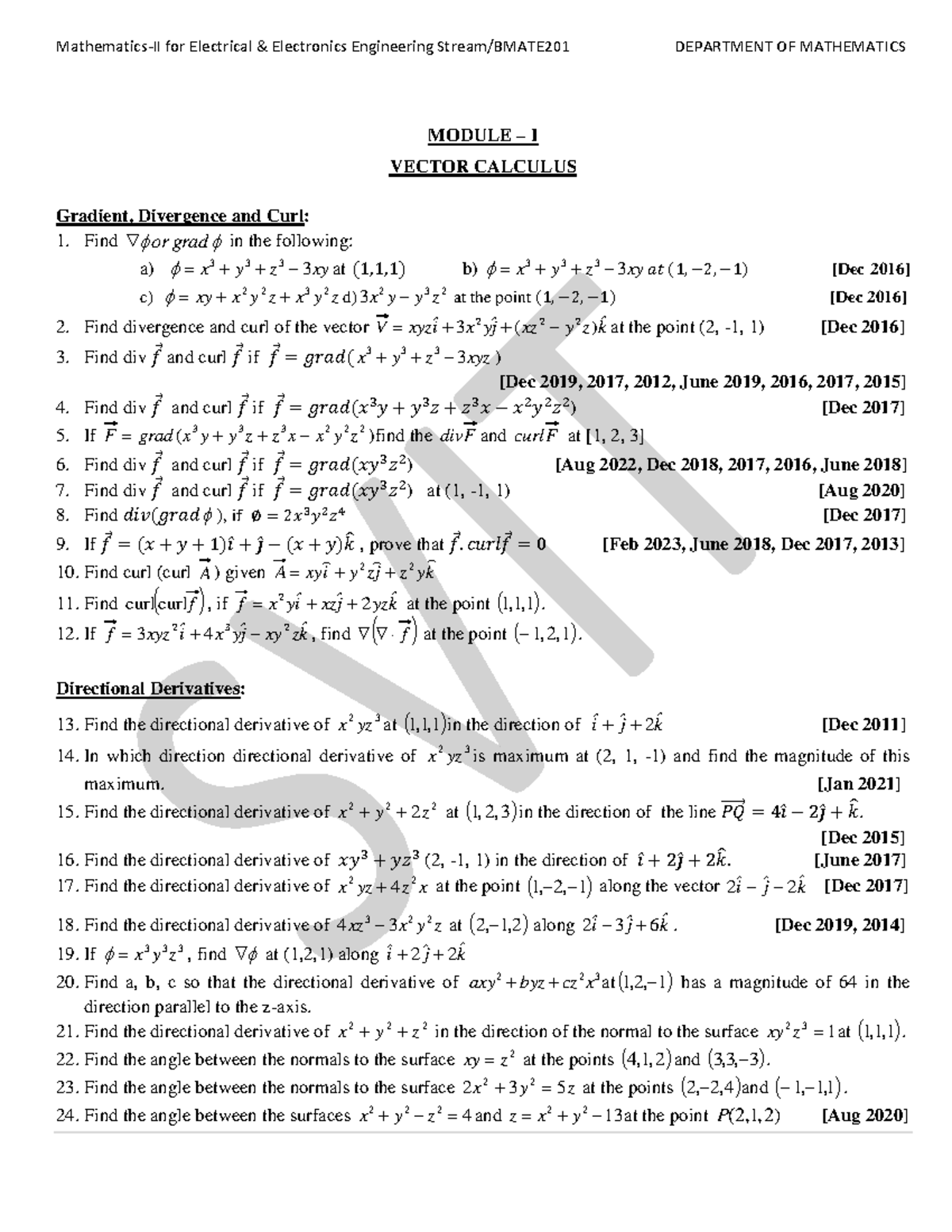 Module I - Vector Calculus QB for Electrical Electronics Engineering ...