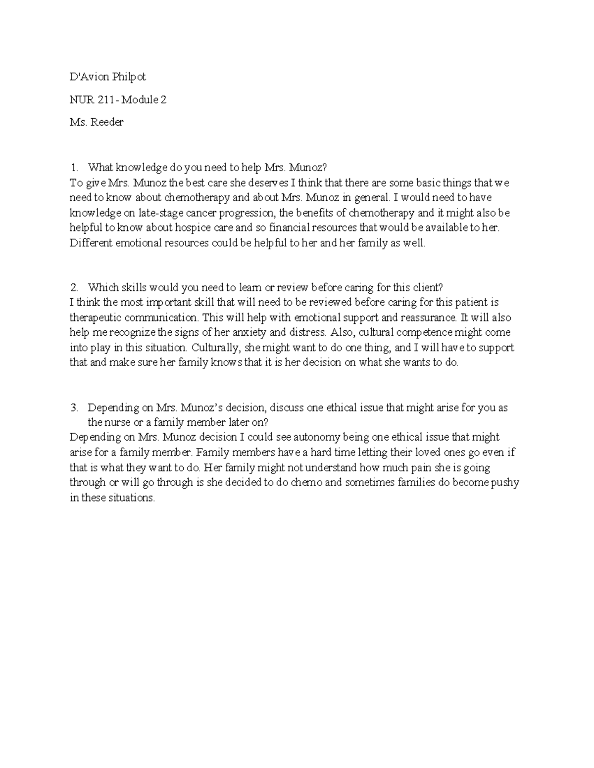NUR Module 2: Caring for Mrs. Munoz - Key Knowledge & Skills - Studocu