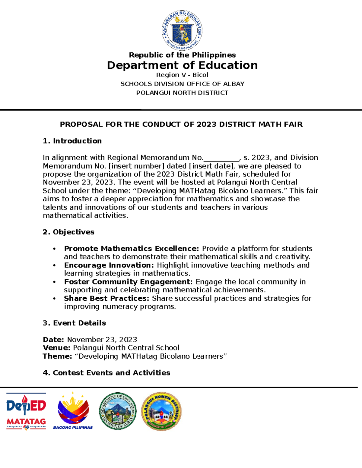 MATH-FAIR-2023 Proposal for District Math Fair Event in Bicol - Studocu