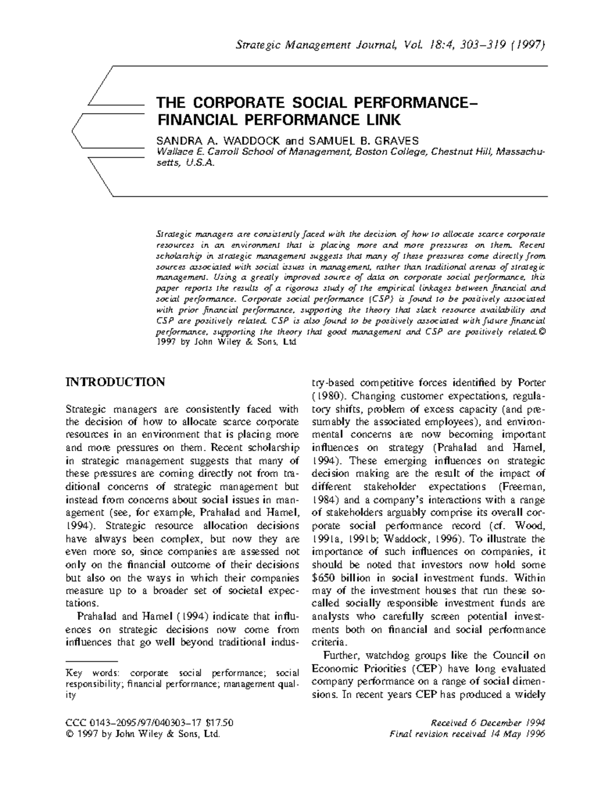 Corporate Social Performance and Financial Performance Link (MGT 14 ...