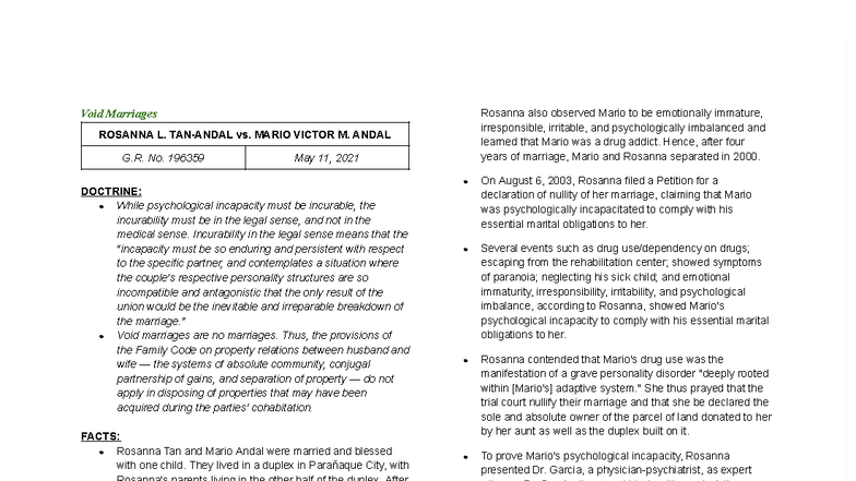 Case Digest: Tan-Andal vs. Andal on Psychological Incapacity (G.R. No ...